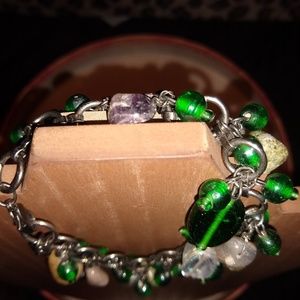 Adjustable gunmetal & various green stone bracelet